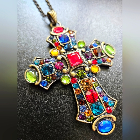 Colorful Rhinestone Cross Necklace - Picture 1 of 9